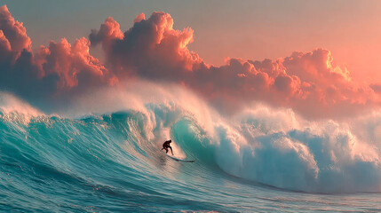 A lone surfer rides the inside of a towering wave, with golden sunlight piercing through the barrel, capturing the power and grace of the ocean
