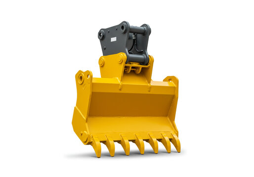 Isolated yellow excavator bucket attachment with gray mount on a white background studio shot