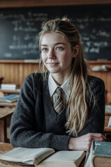 Smart student girl smiling and studying at her desk in the classroom