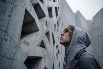 Young man looking up at modern concrete building