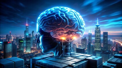 Digital brain AI interface cyberpunk style concept, A futuristic cityscape featuring a large, glowing brain symbolizing intelligence and innovation.
