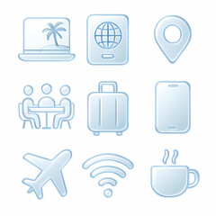 Travel Essentials Icon Set Blue Embossed Designs for Trip Planning & Exploration