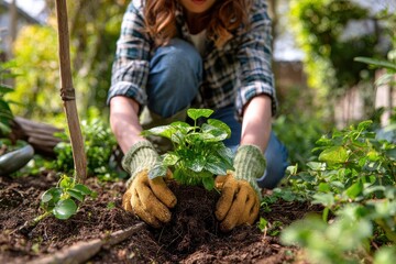Bare-hand planting by a woman captured in a full-body garden photo, no pot, just soil, green plants and tools like gloves and trowel nearby