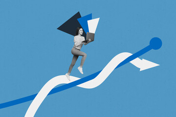Sketch image trend artwork montage photo collage of young lady run arrow hold laptop venture target...