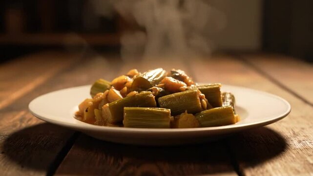 Close up of leek dish on a white plate placed on a wooden table in warm lighting conditions
