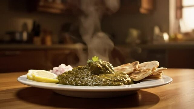 A plate of steaming saag paneer with naan bread lemon and onion on a wooden table in a kitchen