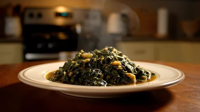 A plate of steaming collard greens with visible steam on a wooden table in a kitchen setting