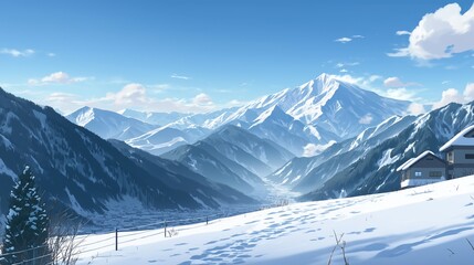 Anime-style snowy mountain landscape with village homes, deep valley, and bright blue sky on a clear winter day
