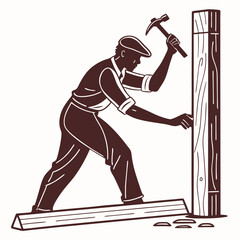 A Brown Silhouette of a Carpenter Hammering a Wooden Post