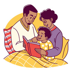 African American Family Reading a Book Together in Bed
