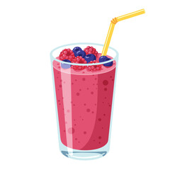 Berry smoothie in a glass with straw and fresh fruit on top  