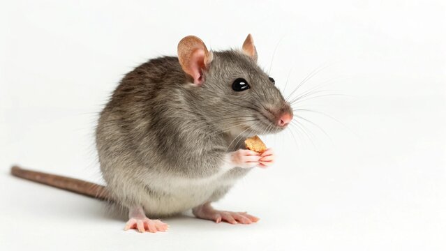 A side profile of a domesticated grey rat, sitting upright and delicately holding a piece of food in its front paws. Isolated on a pure white backdrop, highlighting its focused expression.
- Powered by Adobe