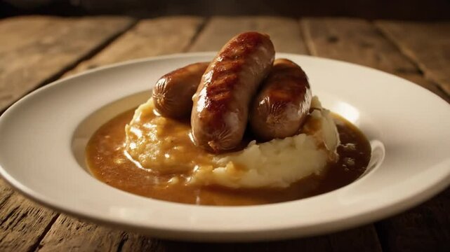 A plate of bangers and mash with gravy on a wooden table under dim lighting conditions in a studio