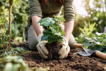 Gardening without pots — full-body photo of a woman placing a plant directly into ground using bare hands, surrounded by nature and tools