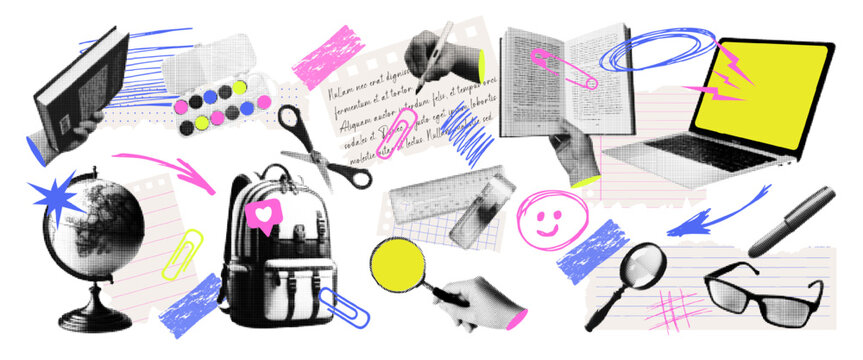 Trendy education concept halftone collage  isolated on transparent background. Elements with paper cut outs, doodle, laptop, school supplies back, globe, books. Vector illustration.  - Powered by Adobe
