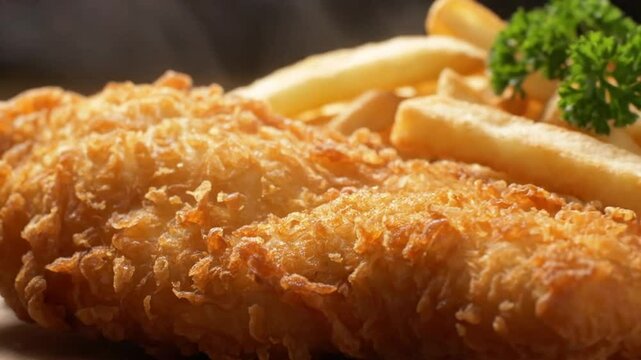 Golden fried fish and chips served on a wooden platter with a parsley garnish steaming hot