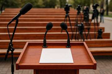 A tribune with cameras and microphones directed at the viewer
