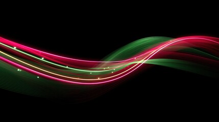 Flowing neon light lines in green, red, and yellow colors on a black background, creating a glowing wave pattern