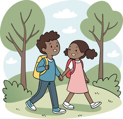 Happy children walking hand-in-hand in a park.