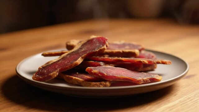 Close up of beef jerky slices stacked on a gray plate on a wooden table surface indoors