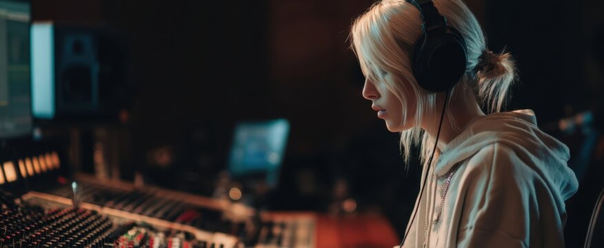 The focused artist in a modern music recording studio setting.