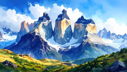 Majestic snow-capped mountains and glaciers under a clear sky evoke nature grandeur, hiking expeditions, and remote wilderness exploration in Patagonia
