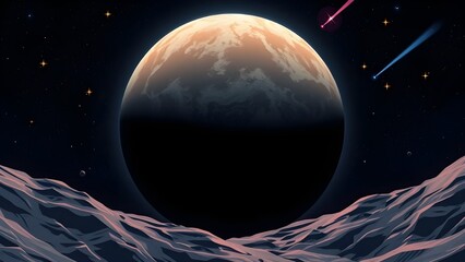 Space background with place for text. Surface of the planet with craters. Space decoration for your design. Stars and comets on dark background.