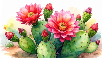 Watercolor picture of blooming cactus with vibrant flowers perfect for desert flora appreciation, botanical study, or creative tropical decor themes