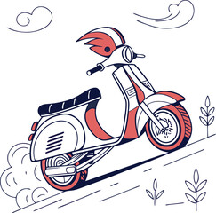 A vibrant cartoon illustration of a vintage scooter ascending a hill.