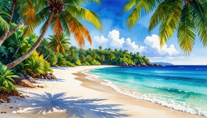 A tropical beach scene with turquoise waters and palm trees conveying summer holidays, exotic relaxation, and nature's pristine beauty for travel concepts. Watercolor picture.