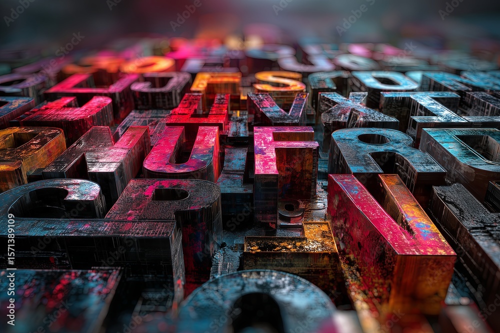 Fototapete A close-up of old, weathered printing blocks with raised letters in various colors. The intricate details and vibrant hues highlight the craftsmanship and history of the blocks.