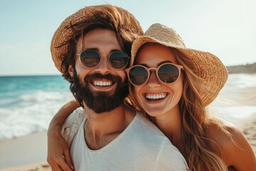 Happy couple smiling at beach wearing straw hats and sunglasses