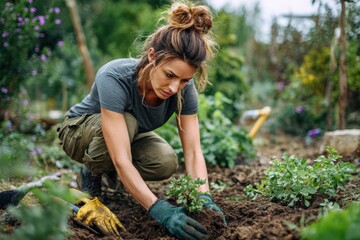 Earthy garden moment with a full-body shot of a woman planting a leafy plant into fresh soil using her hands, surrounded by tools and lush natural background