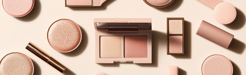Fototapeta na wymiar Flat lay of various cosmetics and makeup textures for background
