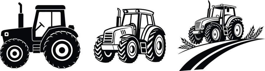 Obraz premium Set of Stylized Tractor Vector Illustrations in Black. Tractor Silhouette Vector Set for Farming and Agriculture. 