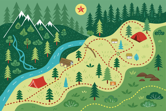 Vector map illustration detailing a camping area, marked (1). Depicts tents, trees, paths, fire pit, wildlife, lake, sun, stars.