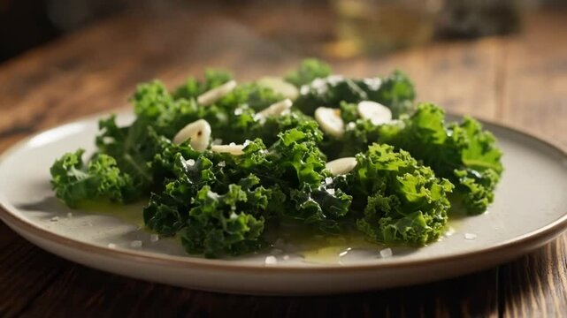 Close up of kale salad with garlic and oil on a plate on a wooden table surface top view