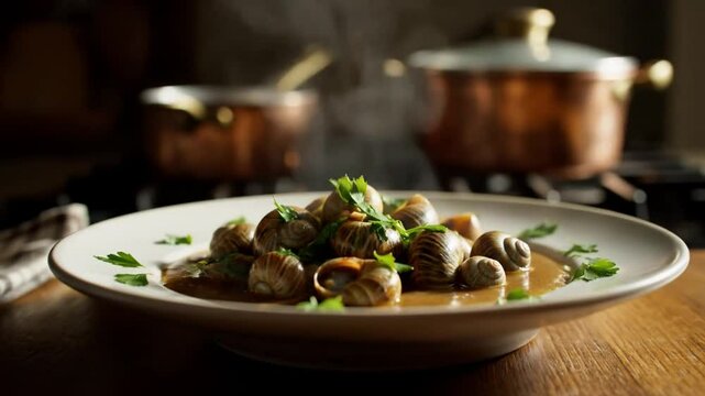 A plate of cooked escargots with parsley garnish on a wooden table in a warm kitchen setting