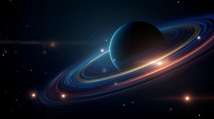 Obraz premium A stunning cinematic space scene featuring colorful planetary rings floating in the darkness of space. Surrounded by glowing lights and distant stars