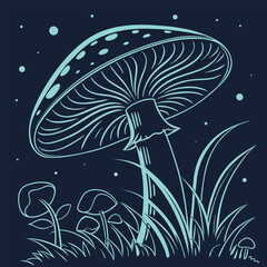 Glowing illustration of a large mushroom with spots surrounded by grass and smaller mushrooms at night