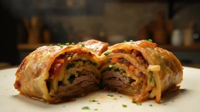 Close up of a sliced strudel on a white plate over a wooden table in a kitchen setting