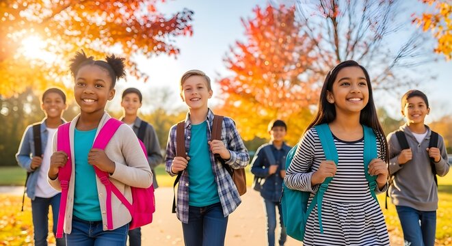 Diverse group of happy students with backpacks walking to school on a sunny morning, vibrant autumn leaves in the background