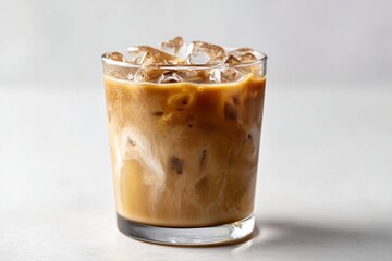 Iced mushroom adaptogen latte in a clear glass with ice on a clean white background showcasing refreshing beverage options for health enthusiasts
