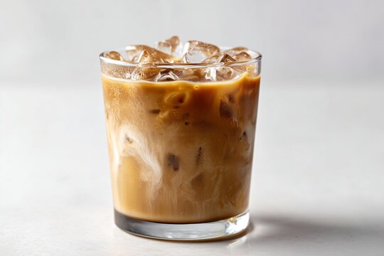 Iced mushroom adaptogen latte in a clear glass with ice on a clean white background showcasing refreshing beverage options for health enthusiasts