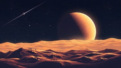 Space background with place for text. Surface of the planet with craters. Space decoration for your design. Stars and comets on dark background.