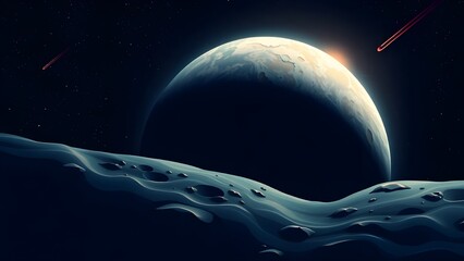 Space background with place for text. Surface of the planet with craters. Space decoration for your design. Stars and comets on dark background.