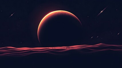 Space background with place for text. Surface of the planet with craters. Space decoration for your design. Stars and comets on dark background.