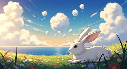 Anime Spring Meadow: White Rabbit's Serene Vista