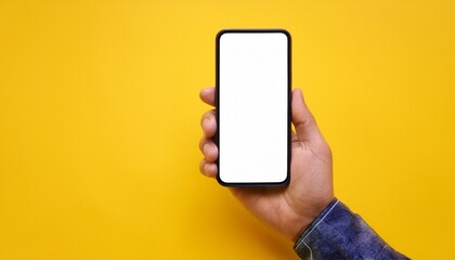 hand holding smartphone with blank screen against vibrant yellow background