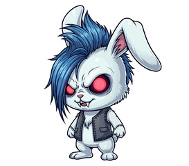 Cute undead evil zombie bunny with cool blue hair and glowing red eyes in a stitched leather jacket - isolated white background chibi illustration